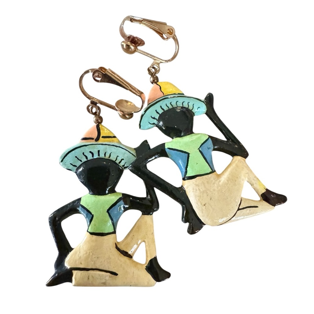 Vtg Hand Painted Wood Figural Earrings Peasant Southwestern Clip On Boho 70s
